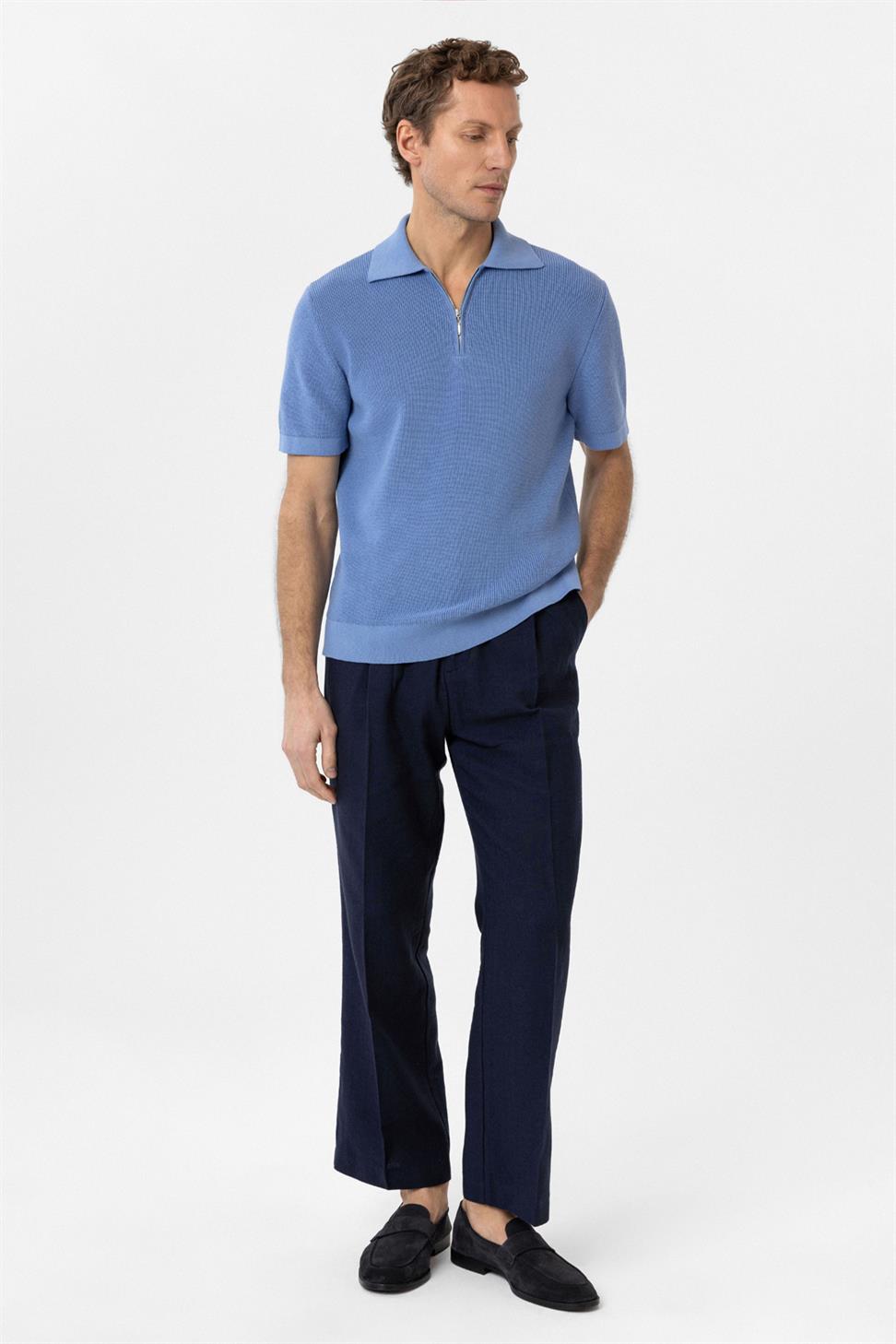 Antioch Mavi Fermuarlı Dokuma Erkek Triko T-Shirt