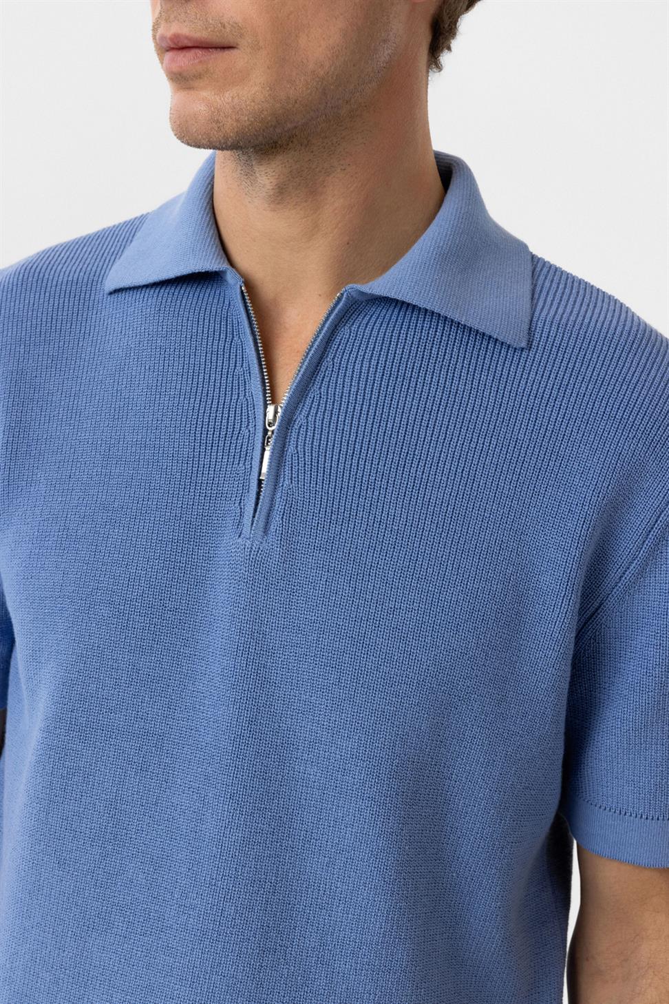 Antioch Mavi Fermuarlı Dokuma Erkek Triko T-Shirt