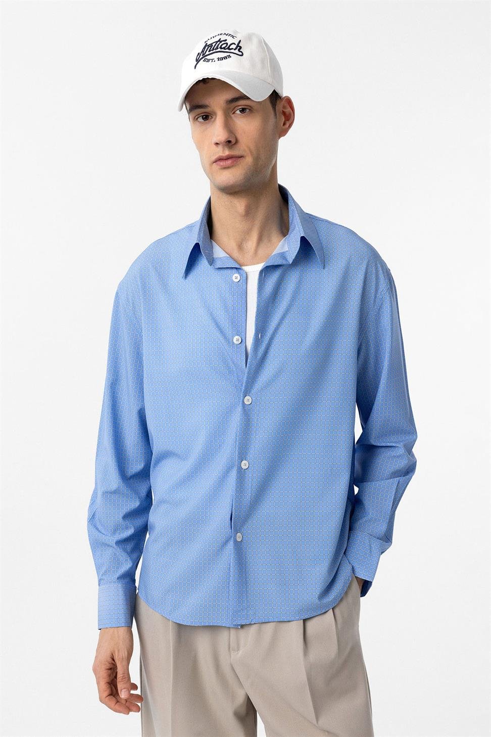Antioch Mavi Kareli Erkek Rahat Kalıp Erkek Gömlek