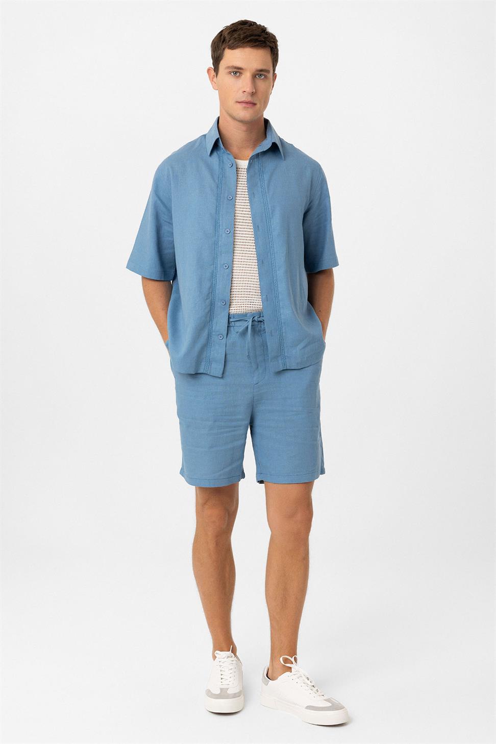 Antioch Mavi Keten Karışımlı Relaxed Erkek Gömlek