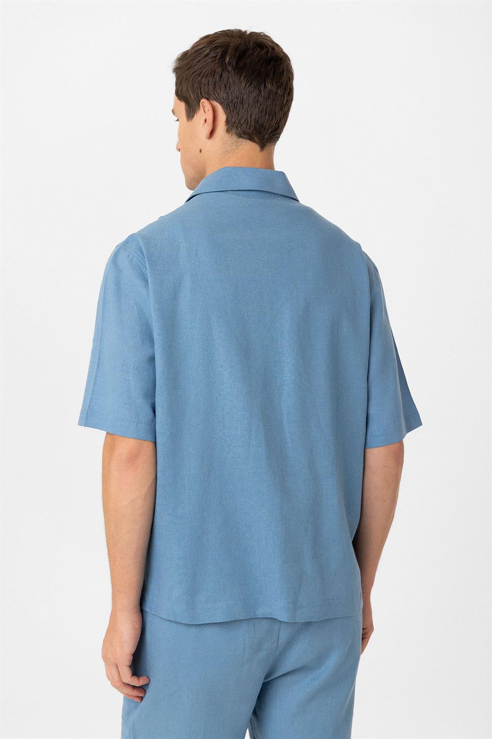 Antioch Mavi Keten Karışımlı Relaxed Erkek Gömlek