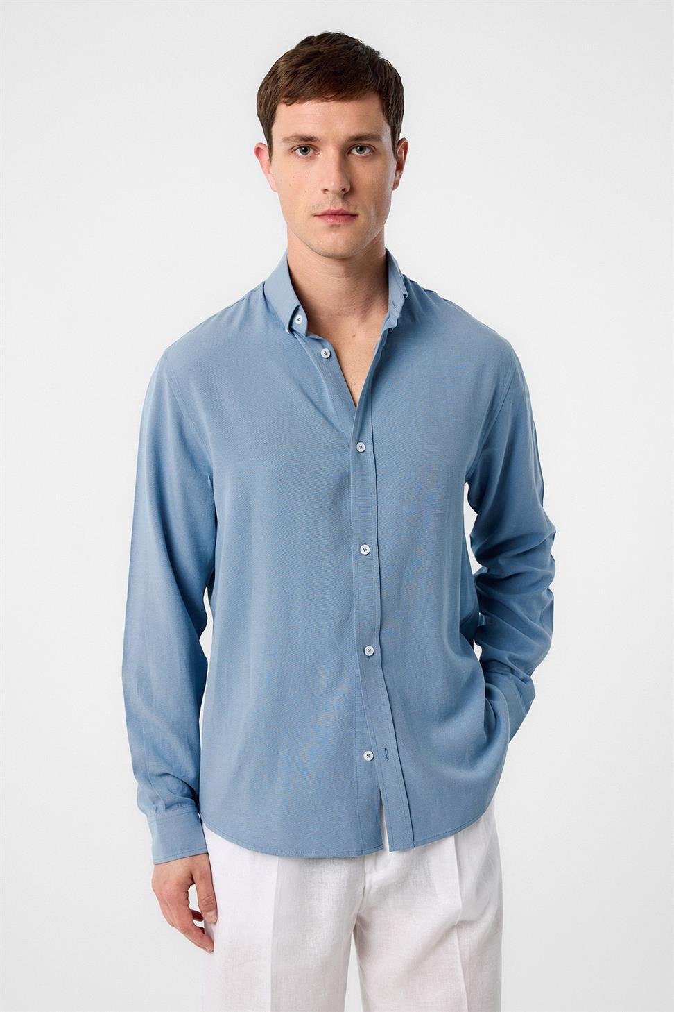 Antioch Mavi Keten Karışımlı Yaka Düğmeli Erkek Gömlek