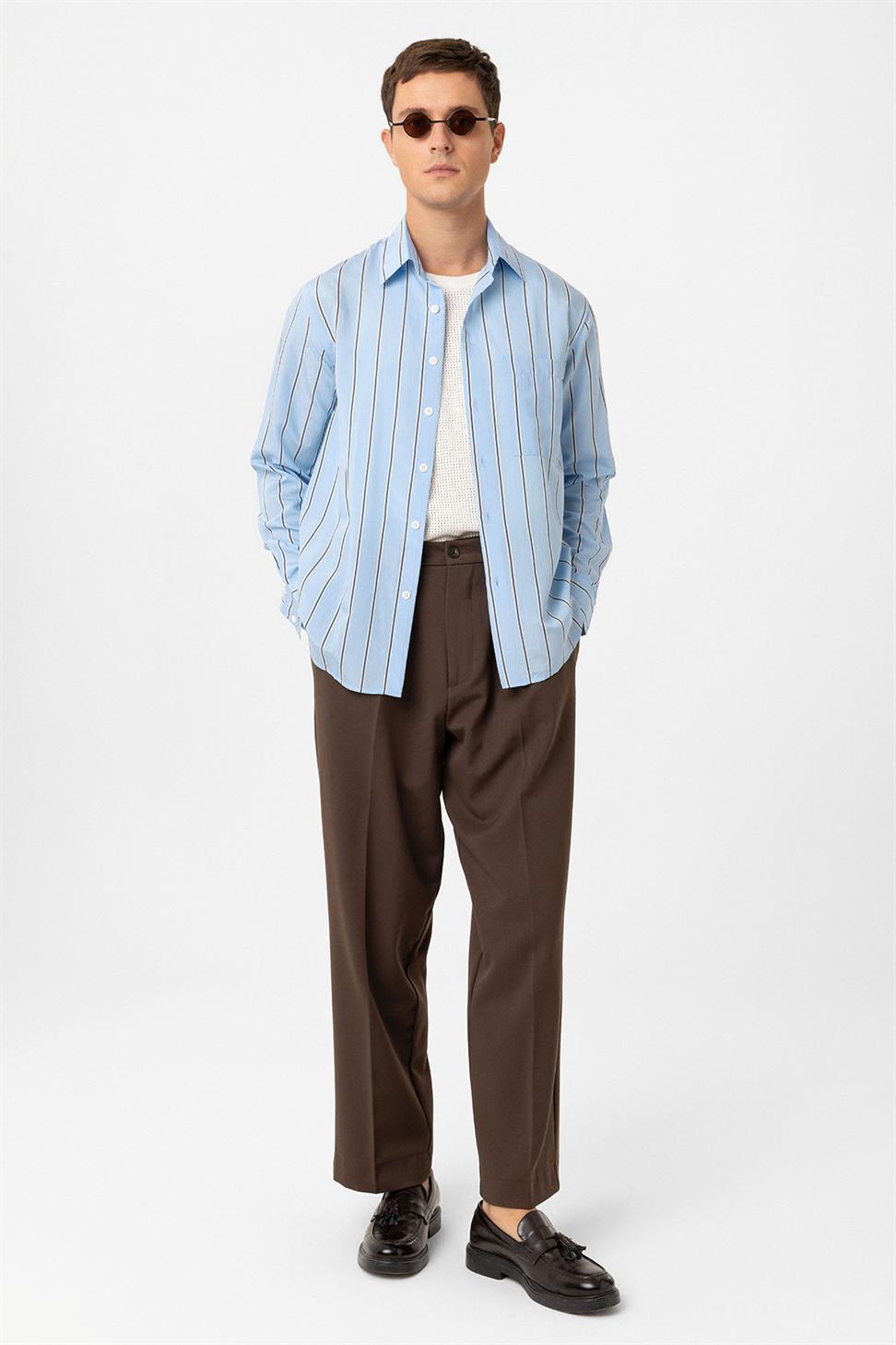 Antioch Mavi Kontrast Çizgili Erkek Gömlek