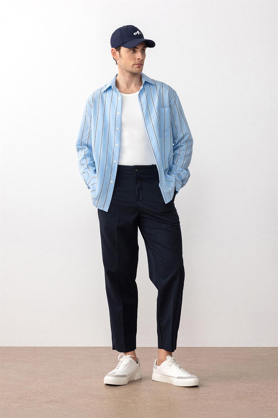 Antioch Mavi Kontrast Çizgili Erkek Gömlek