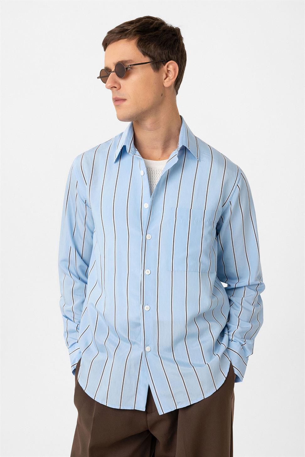 Antioch Mavi Kontrast Çizgili Erkek Gömlek