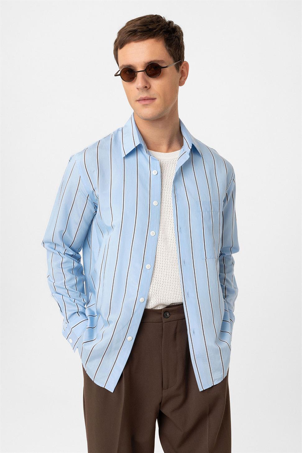 Antioch Mavi Kontrast Çizgili Erkek Gömlek
