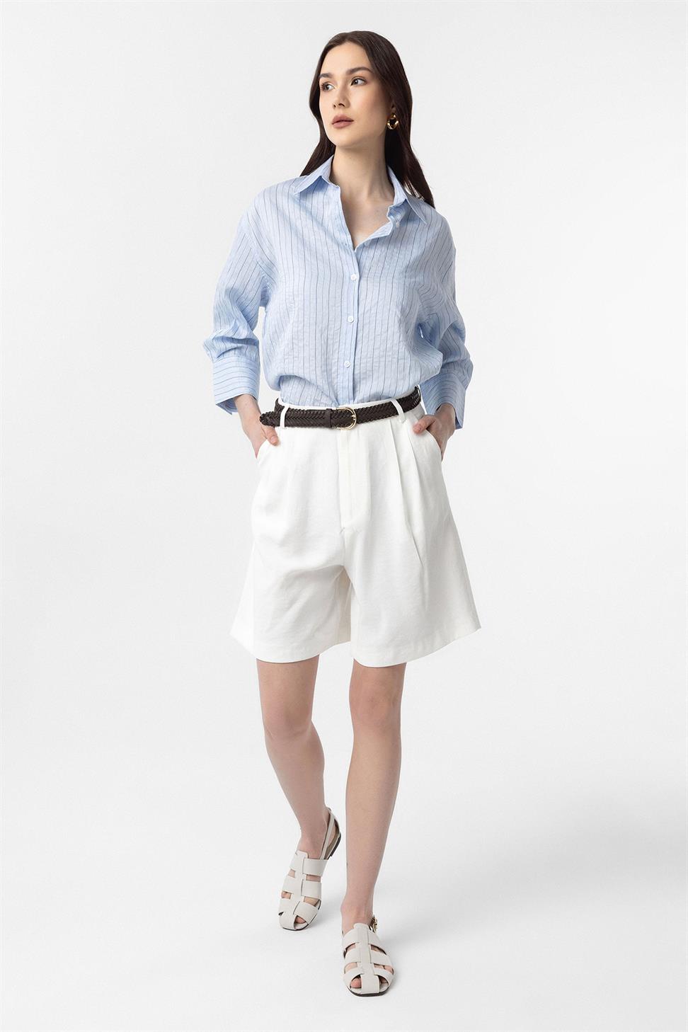 Antioch Mavi Modal Kumaş Çizgili Kadın Gömlek