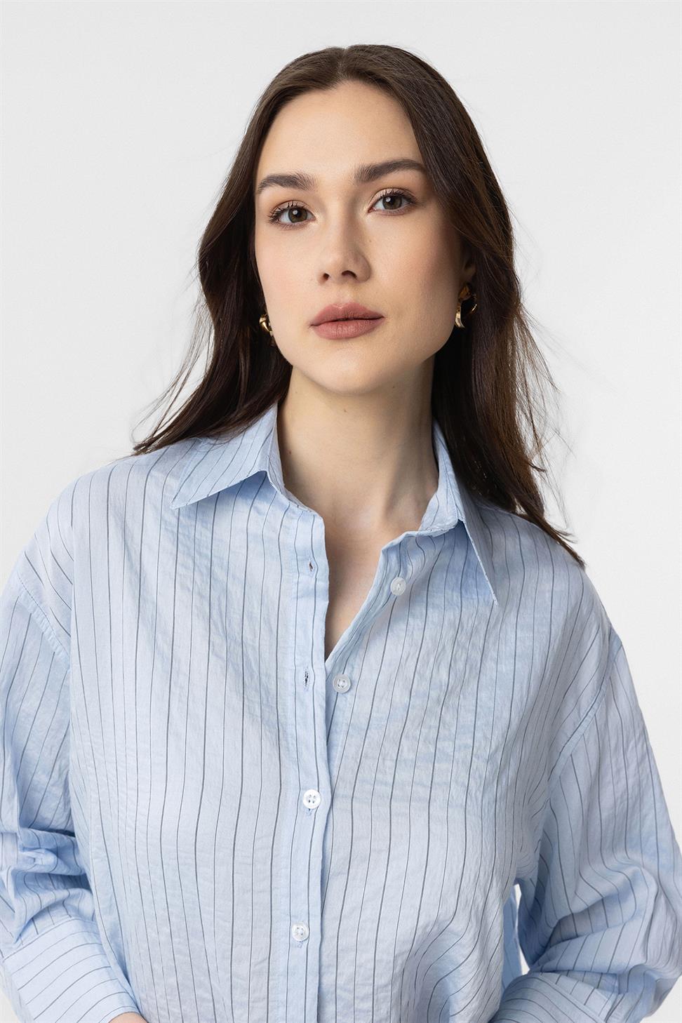 Antioch Mavi Modal Kumaş Çizgili Kadın Gömlek