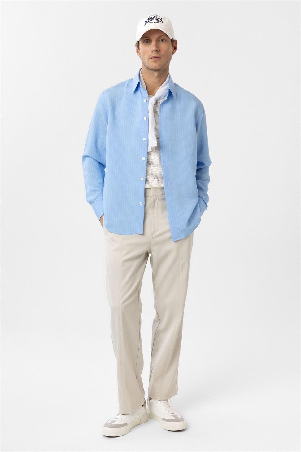 Antioch Mavi Modal Kumaş Relax Fit Çizgili Erkek Gömlek