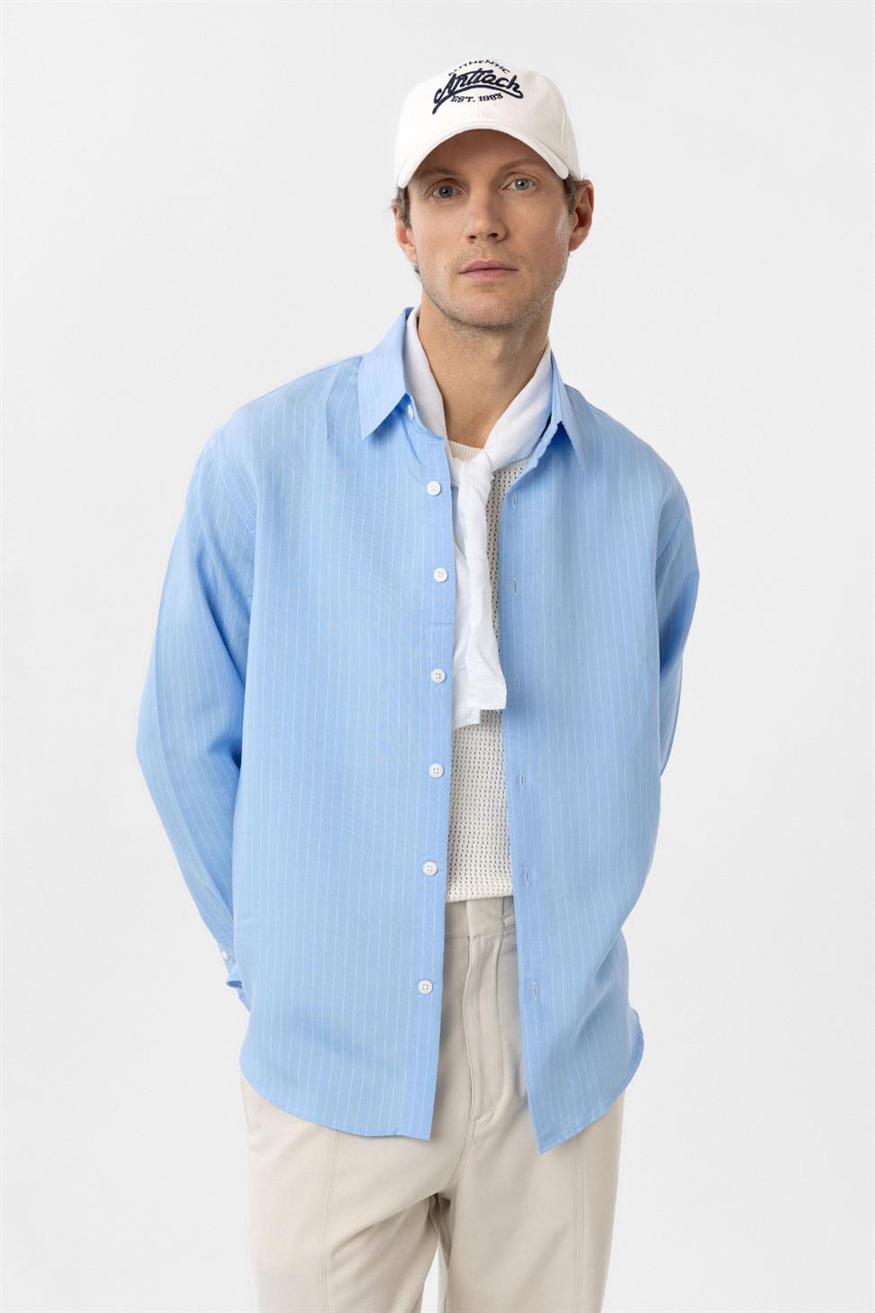 Antioch Mavi Modal Kumaş Relax Fit Çizgili Erkek Gömlek