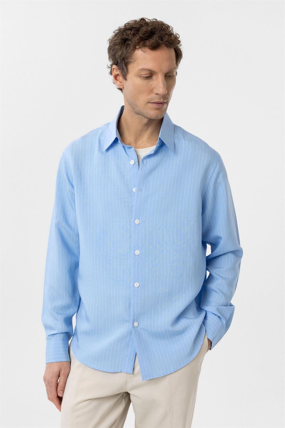 Antioch Mavi Modal Kumaş Relax Fit Çizgili Erkek Gömlek