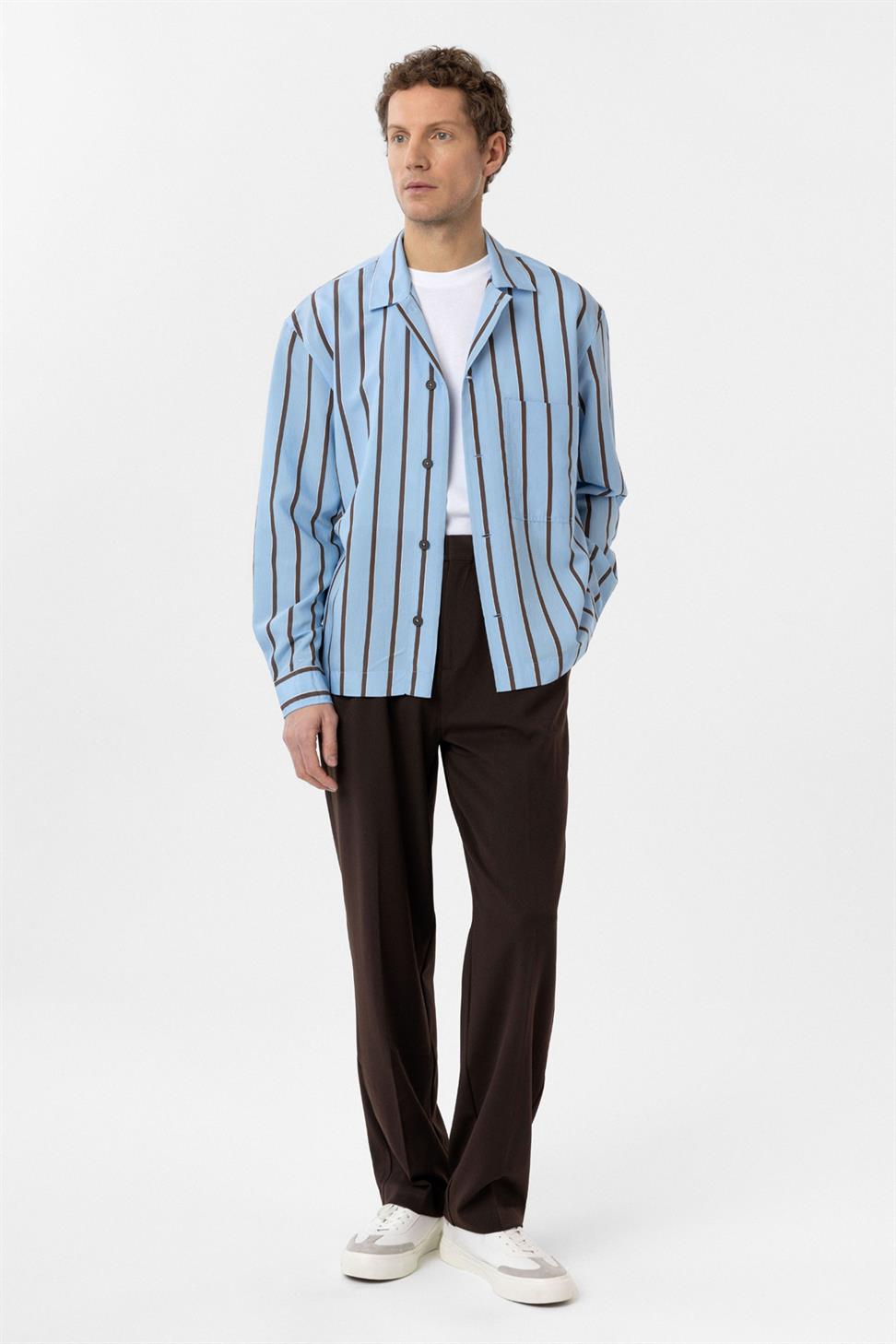 Antioch Mavi Relax Fit Çizgili Erkek Gömlek