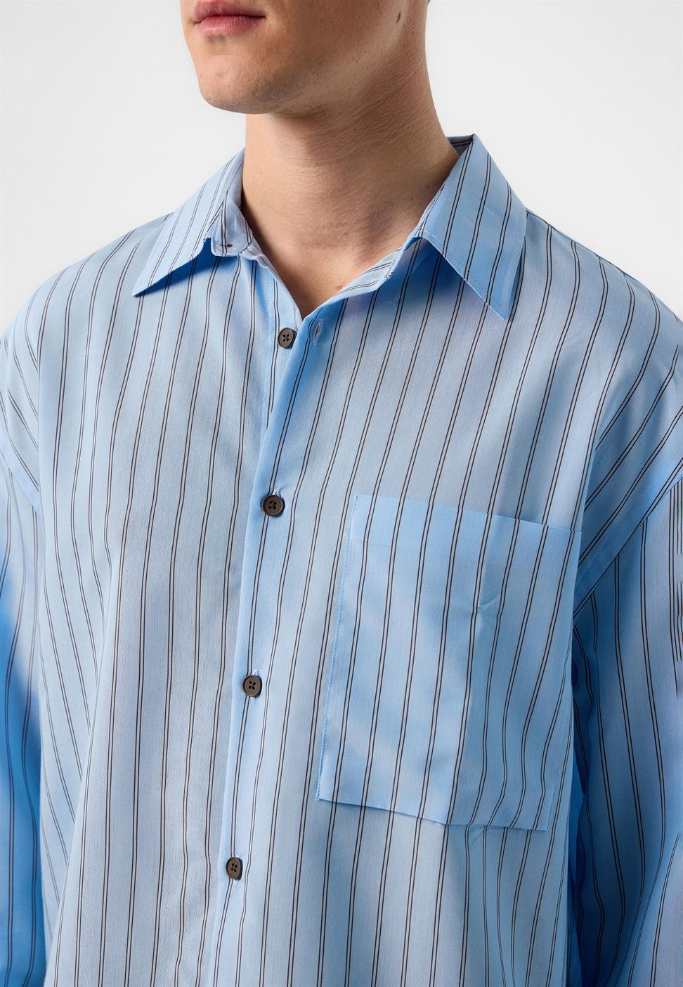 Antioch Mavi Relax Fit Çizgili Erkek Gömlek