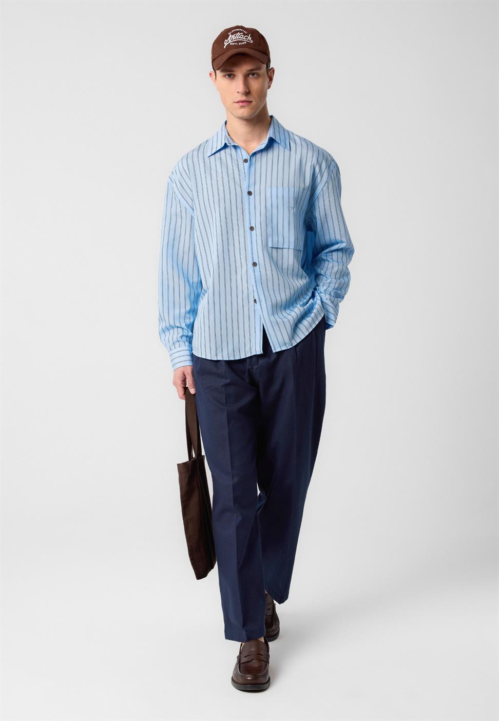 Antioch Mavi Relax Fit Çizgili Erkek Gömlek