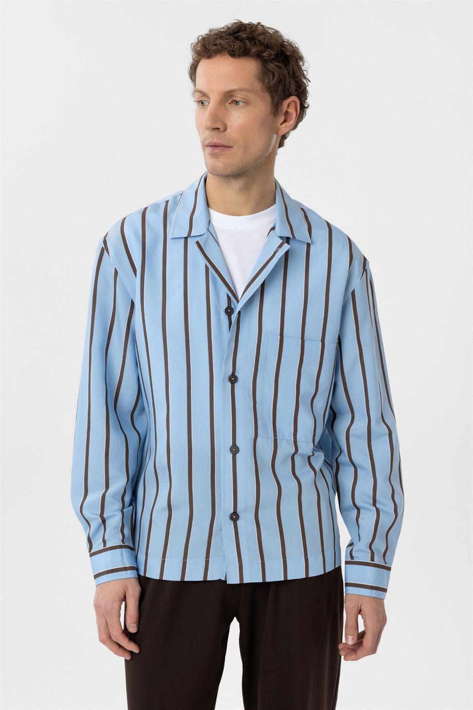 Antioch Mavi Relax Fit Çizgili Erkek Gömlek