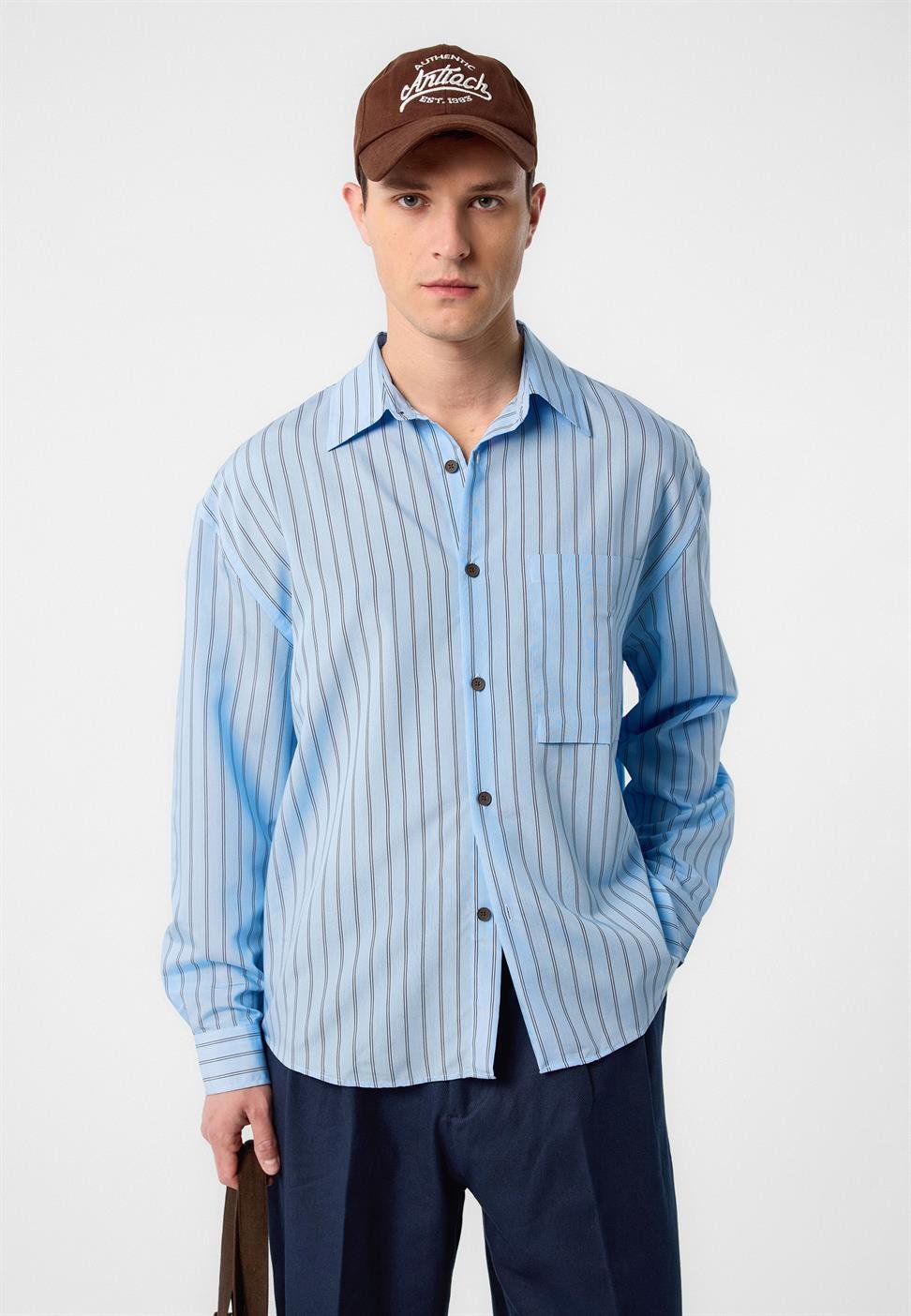 Antioch Mavi Relax Fit Çizgili Erkek Gömlek