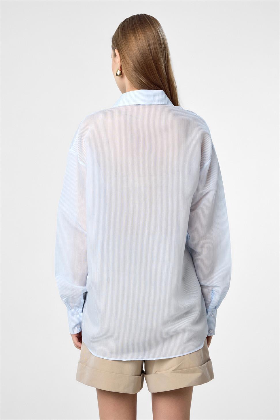 Antioch Mavi Relax Fit Çizgili Uzun Kollu Kadın Gömlek