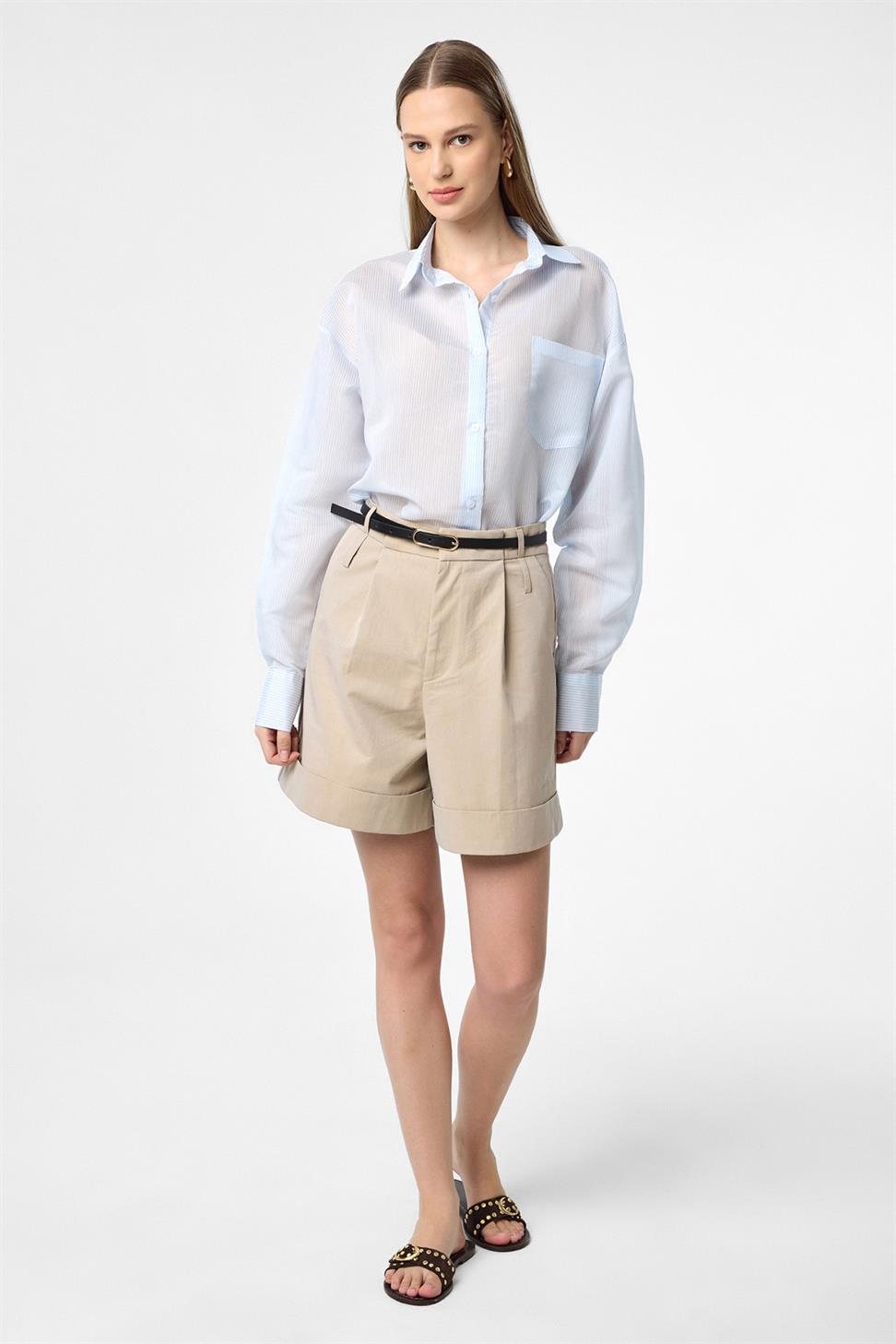 Antioch Mavi Relax Fit Çizgili Uzun Kollu Kadın Gömlek