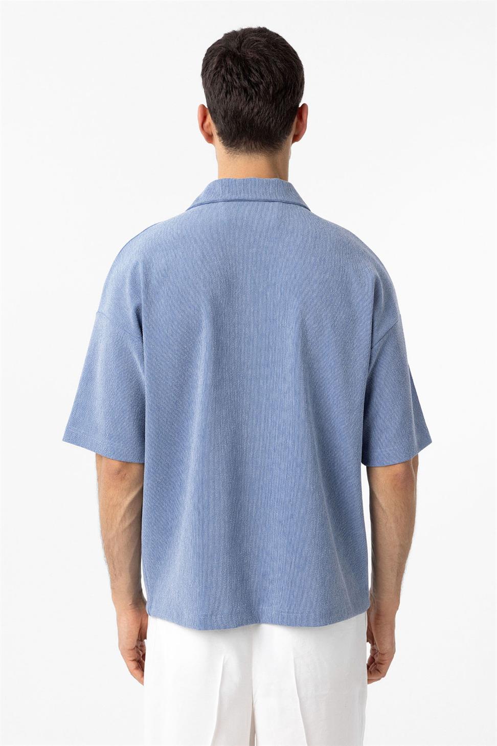 Antioch Mavi Relax Fit Fermuarlı Polo Yaka Erkek T-Shirt