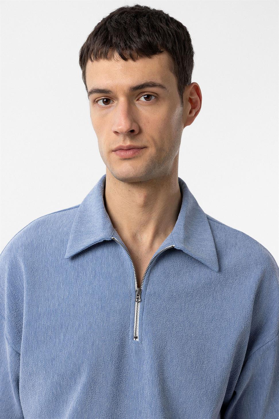 Antioch Mavi Relax Fit Fermuarlı Polo Yaka Erkek T-Shirt