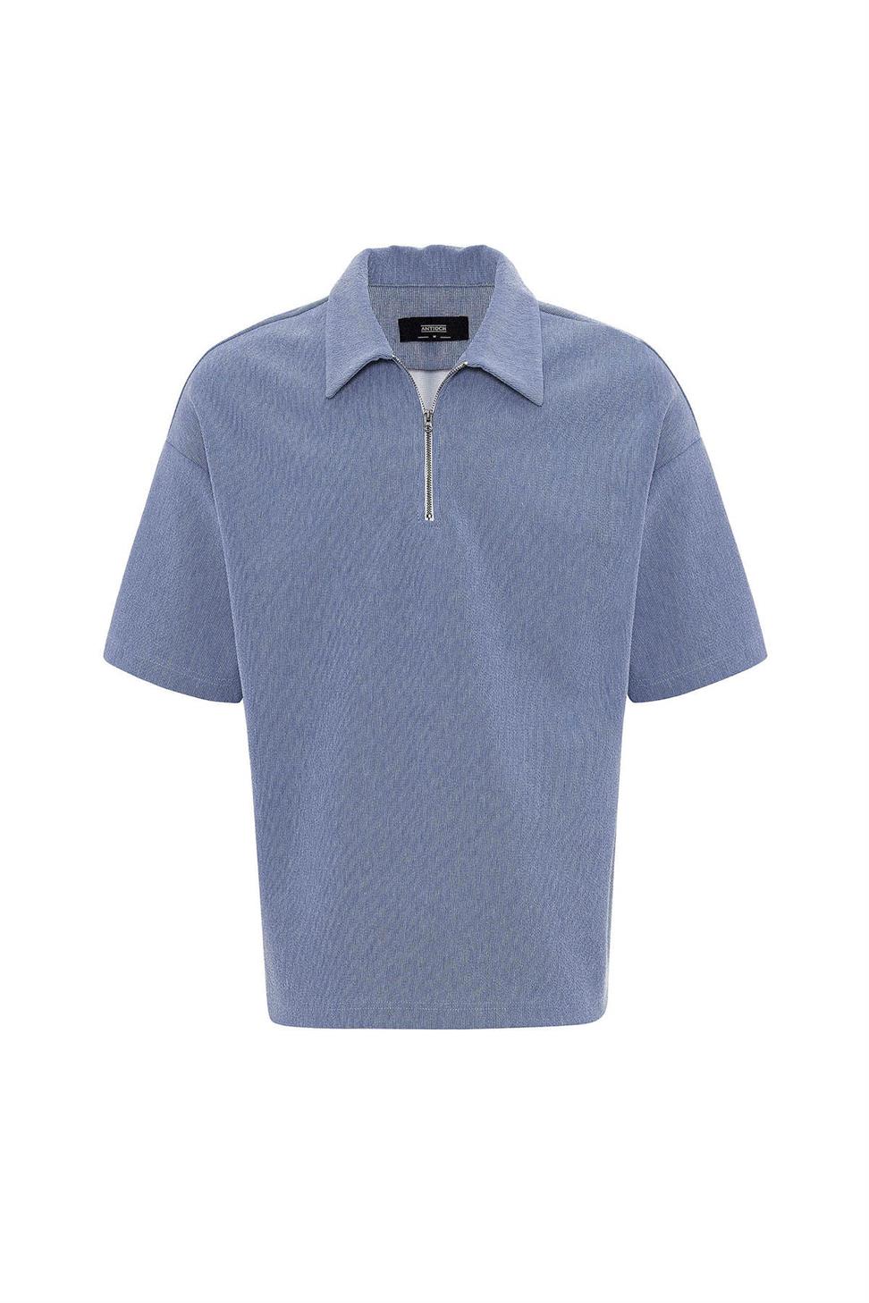 Antioch Mavi Relax Fit Fermuarlı Polo Yaka Erkek T-Shirt