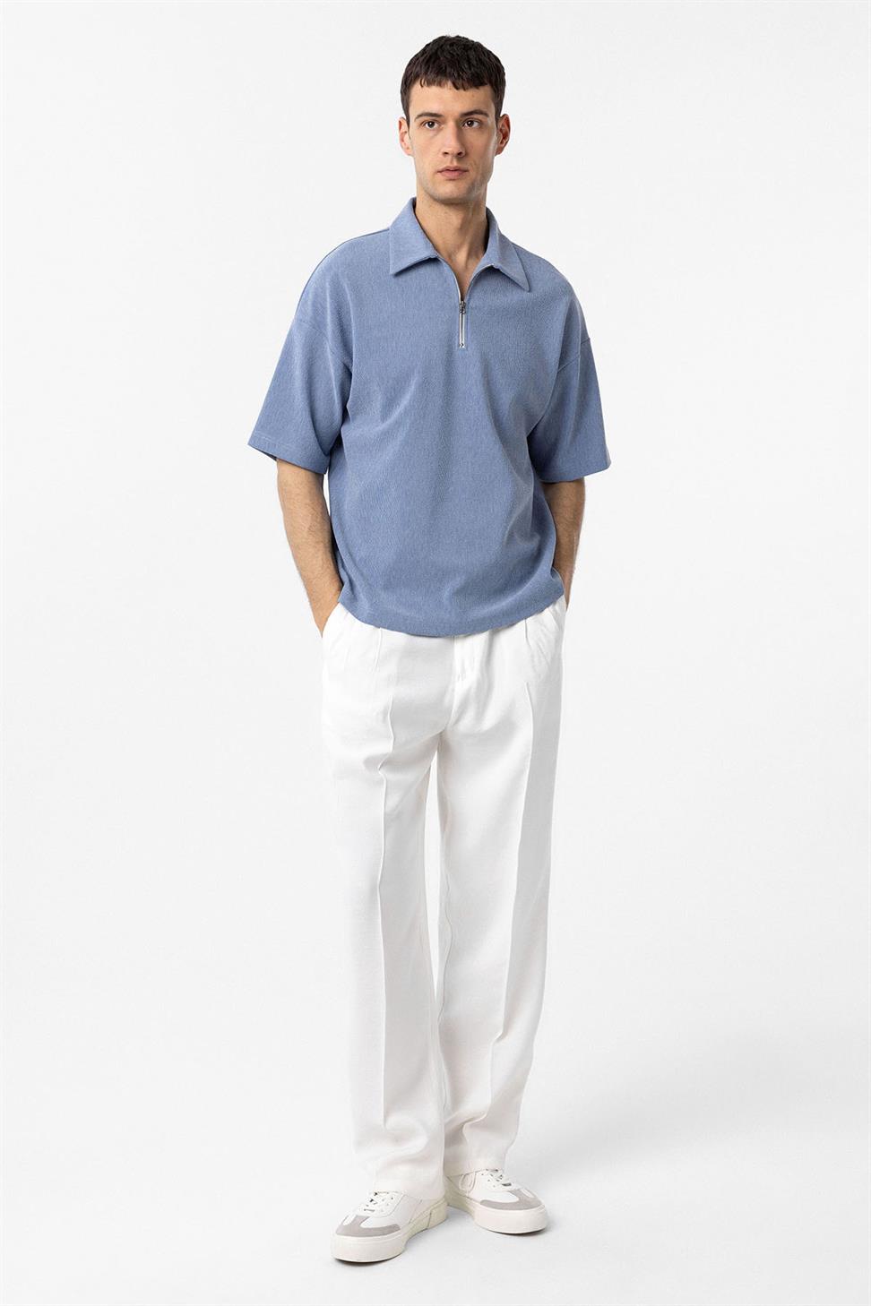 Antioch Mavi Relax Fit Fermuarlı Polo Yaka Erkek T-Shirt