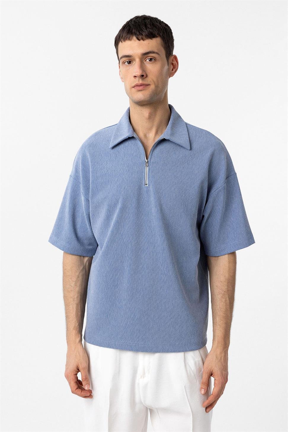 Antioch Mavi Relax Fit Fermuarlı Polo Yaka Erkek T-Shirt