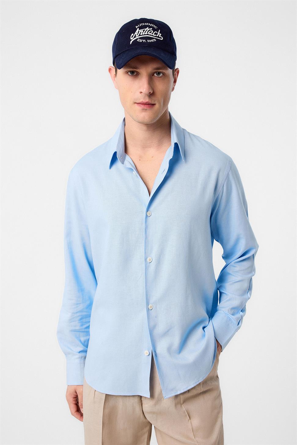 Antioch Mavi Relax Fit Keten Karışımlı Erkek Gömlek