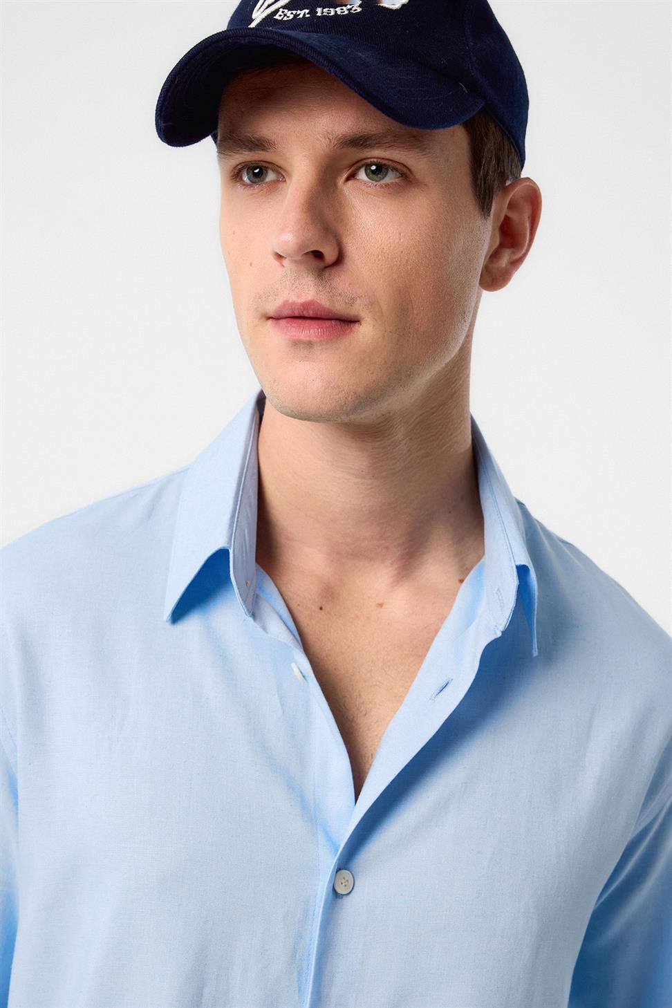 Antioch Mavi Relax Fit Keten Karışımlı Erkek Gömlek