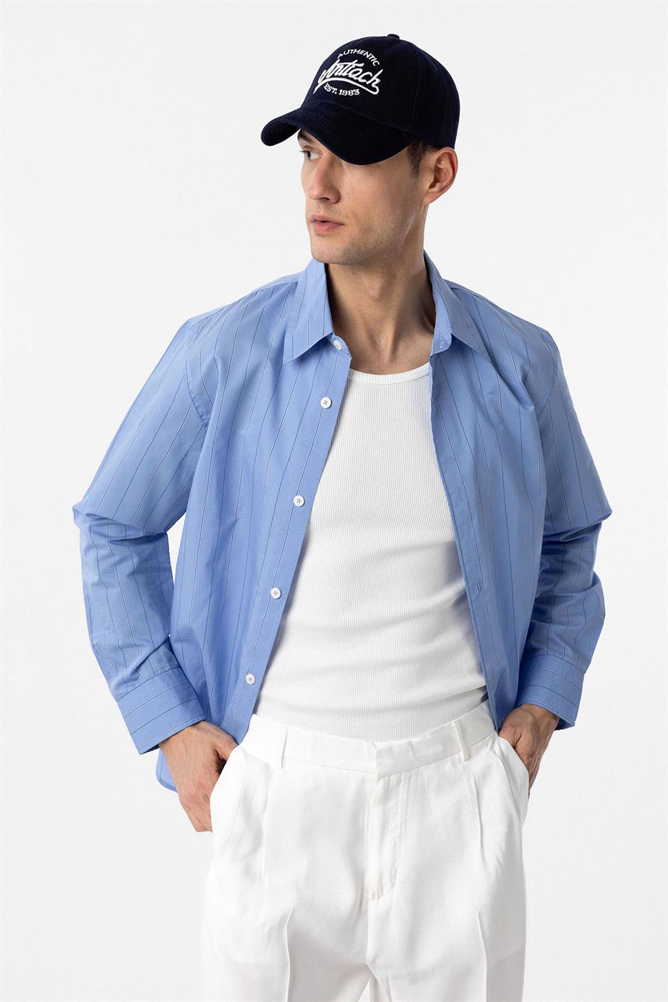 Antioch Mavi Relaxed Çizgili Erkek Gömlek