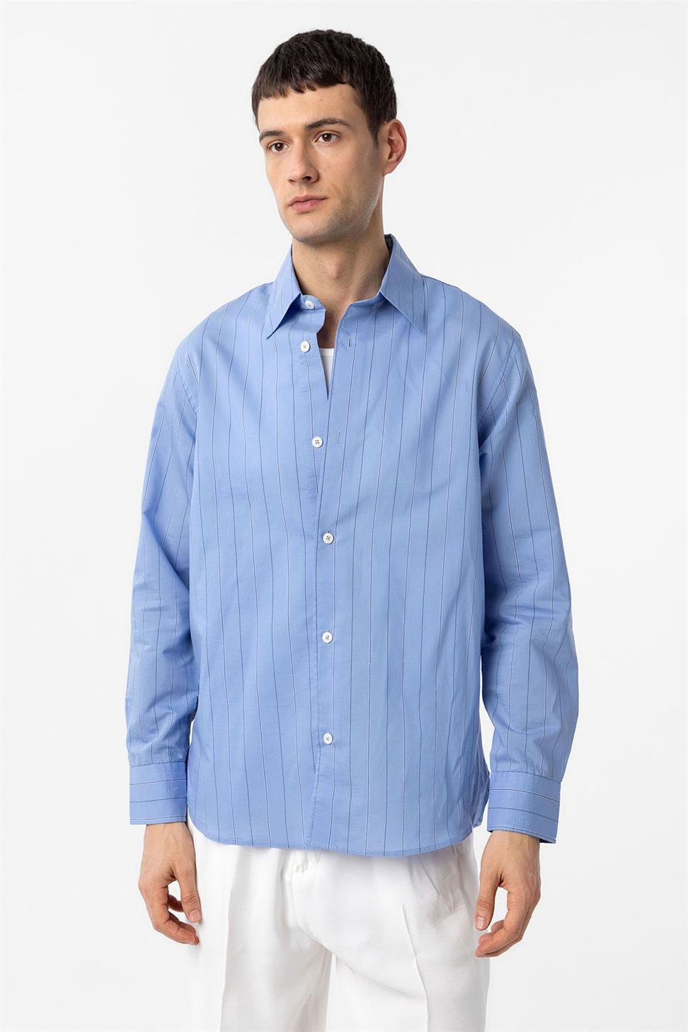Antioch Mavi Relaxed Çizgili Erkek Gömlek