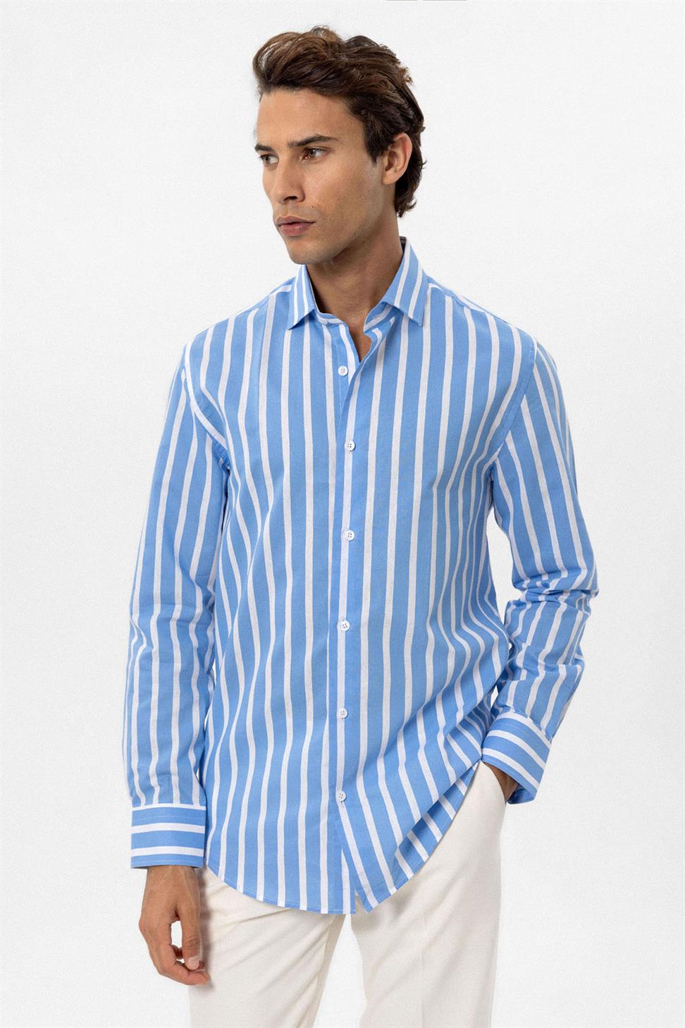 Antioch Mavi Slim Fit Çizgili Erkek Gömlek