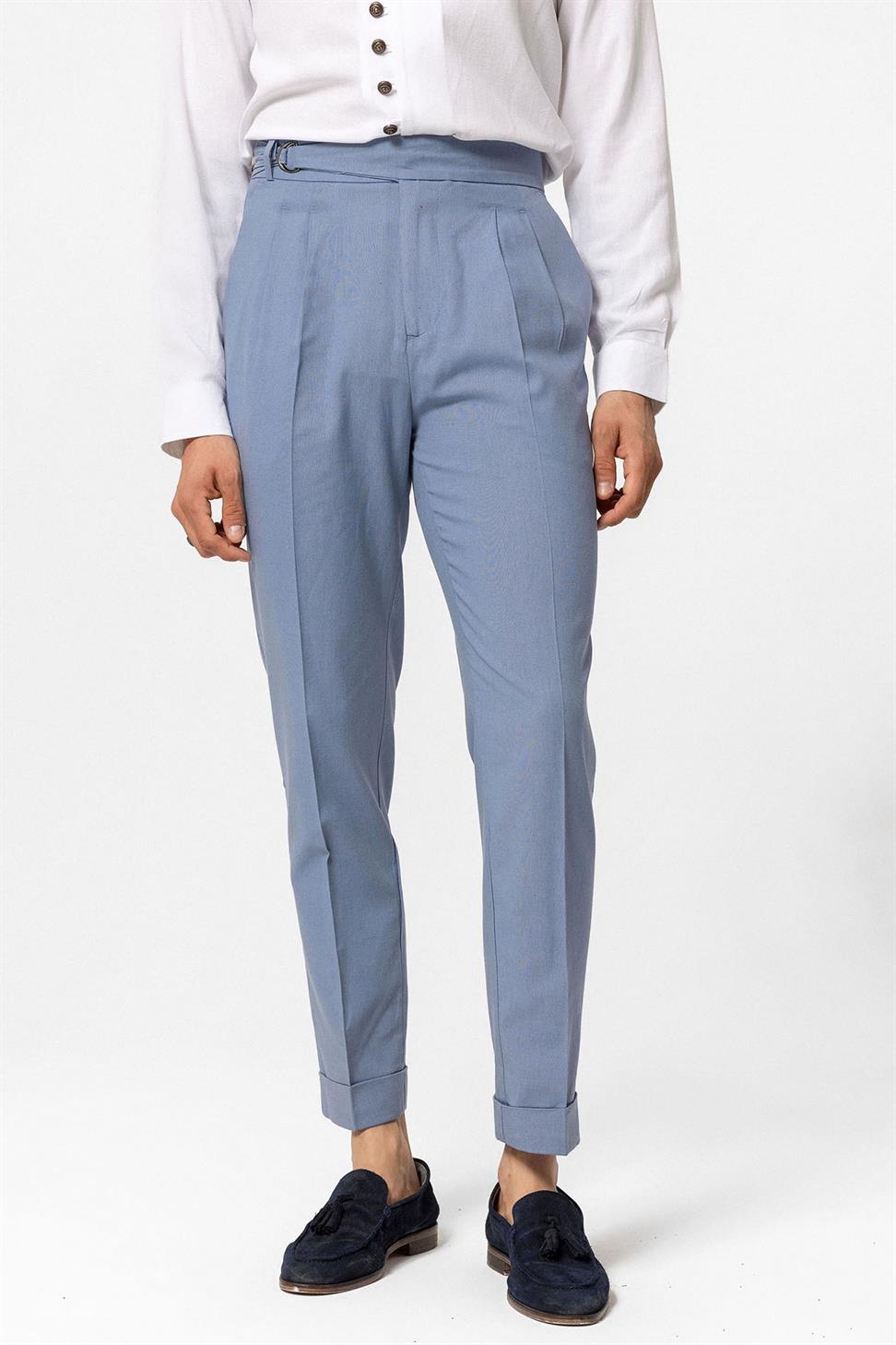 بنطلون رجالي عالي الخصر من مزيج الكتان مطوي