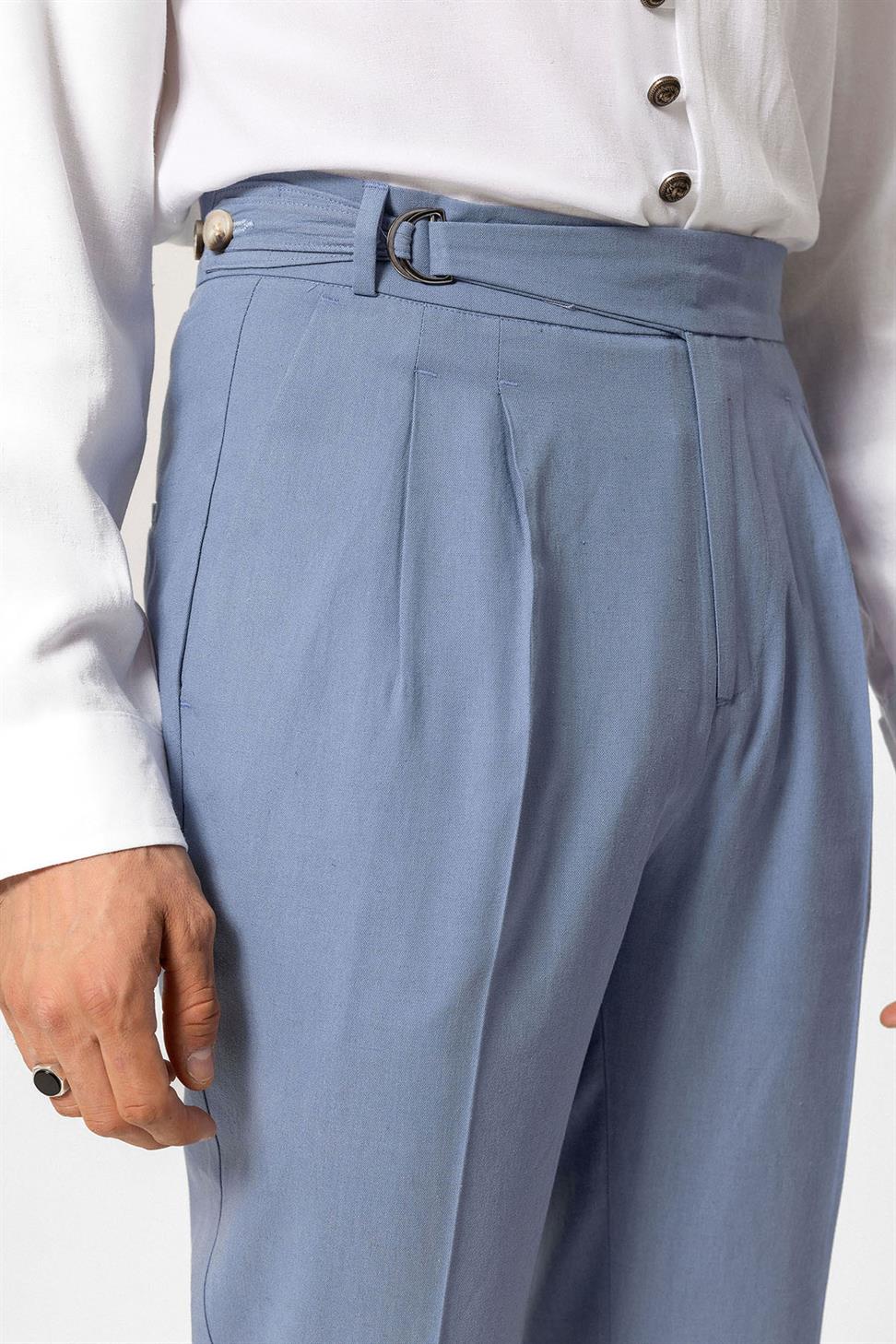 بنطلون رجالي عالي الخصر من مزيج الكتان مطوي