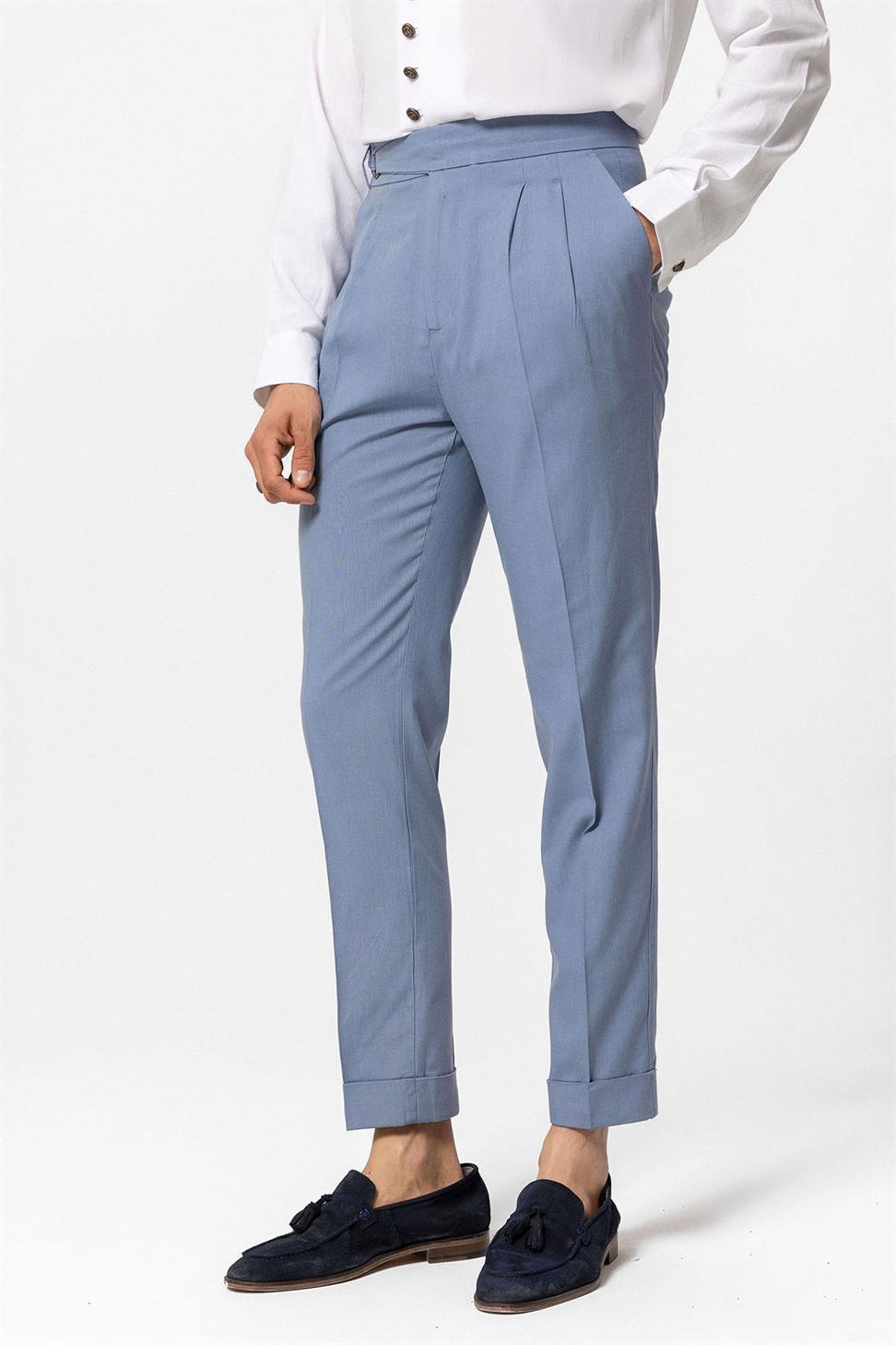 بنطلون رجالي عالي الخصر من مزيج الكتان مطوي