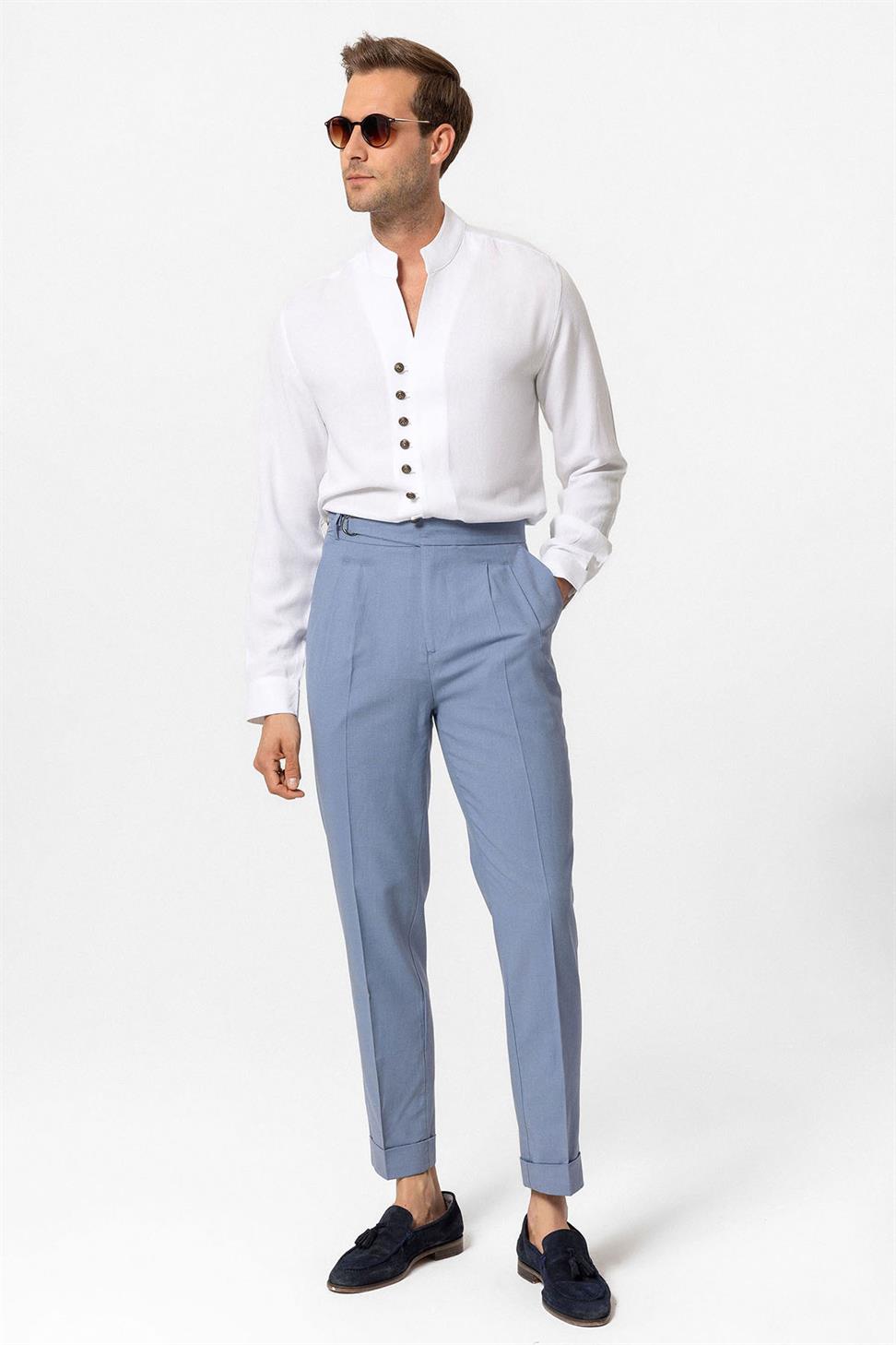 بنطلون رجالي عالي الخصر من مزيج الكتان مطوي