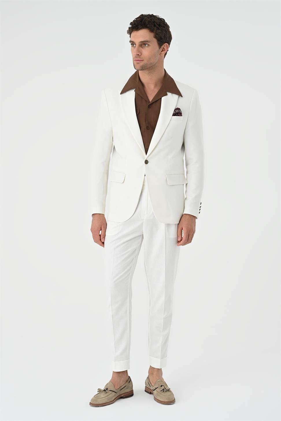 Antioch Ekru Metal Tek Düğme Erkek Blazer Ceket