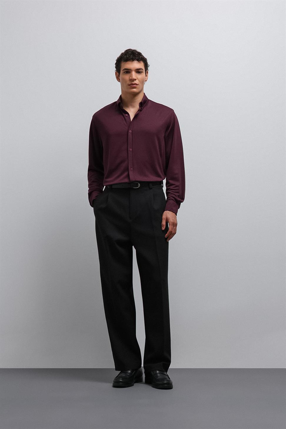 Antioch Mürdüm Düğmeli Yaka Relax Fit Erkek Gömlek