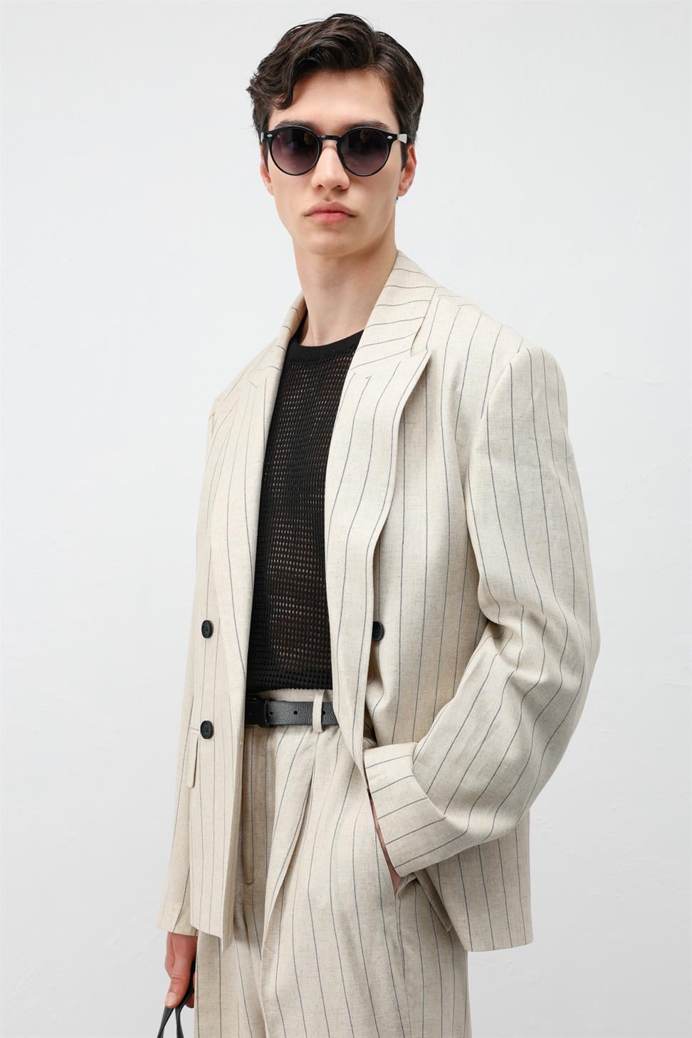 Mens Striped Blazer Jacket with Linen Blend