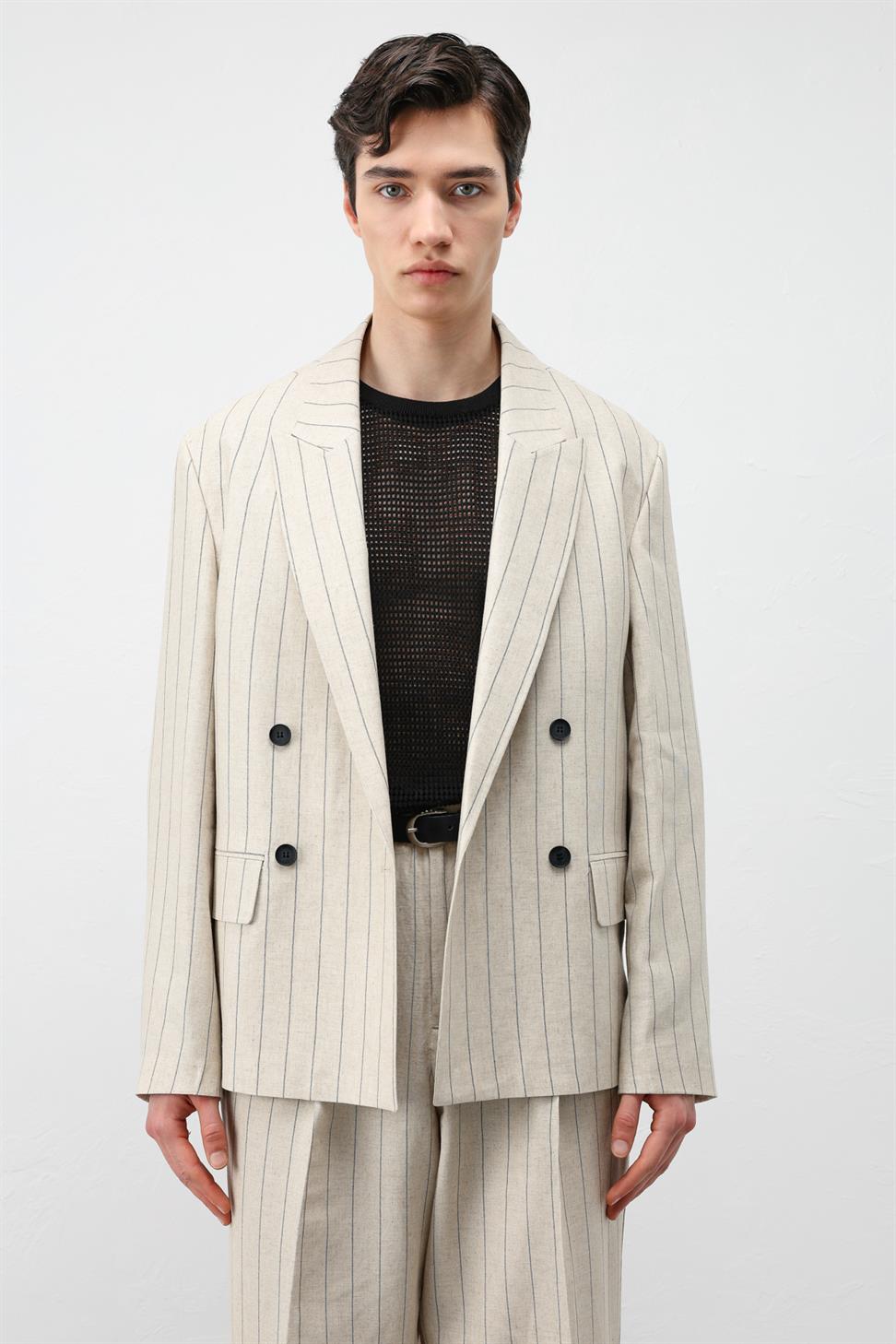 Mens Striped Blazer Jacket with Linen Blend
