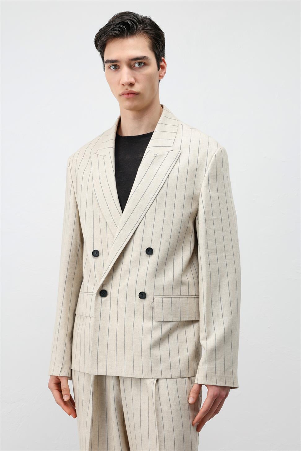 Mens Striped Blazer Jacket with Linen Blend