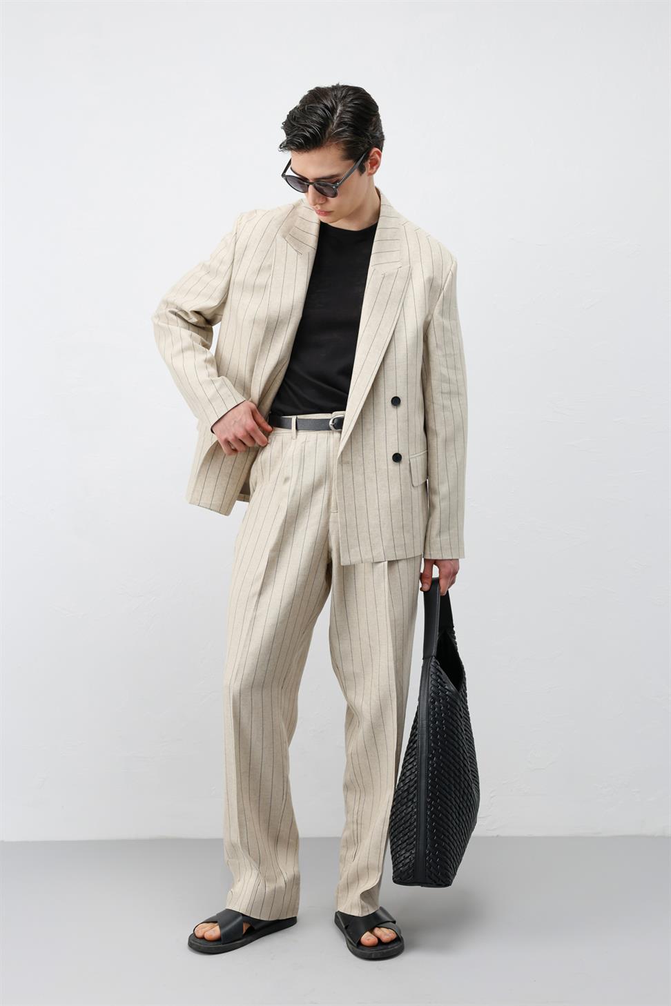 Mens Striped Linen-Blend Pants
