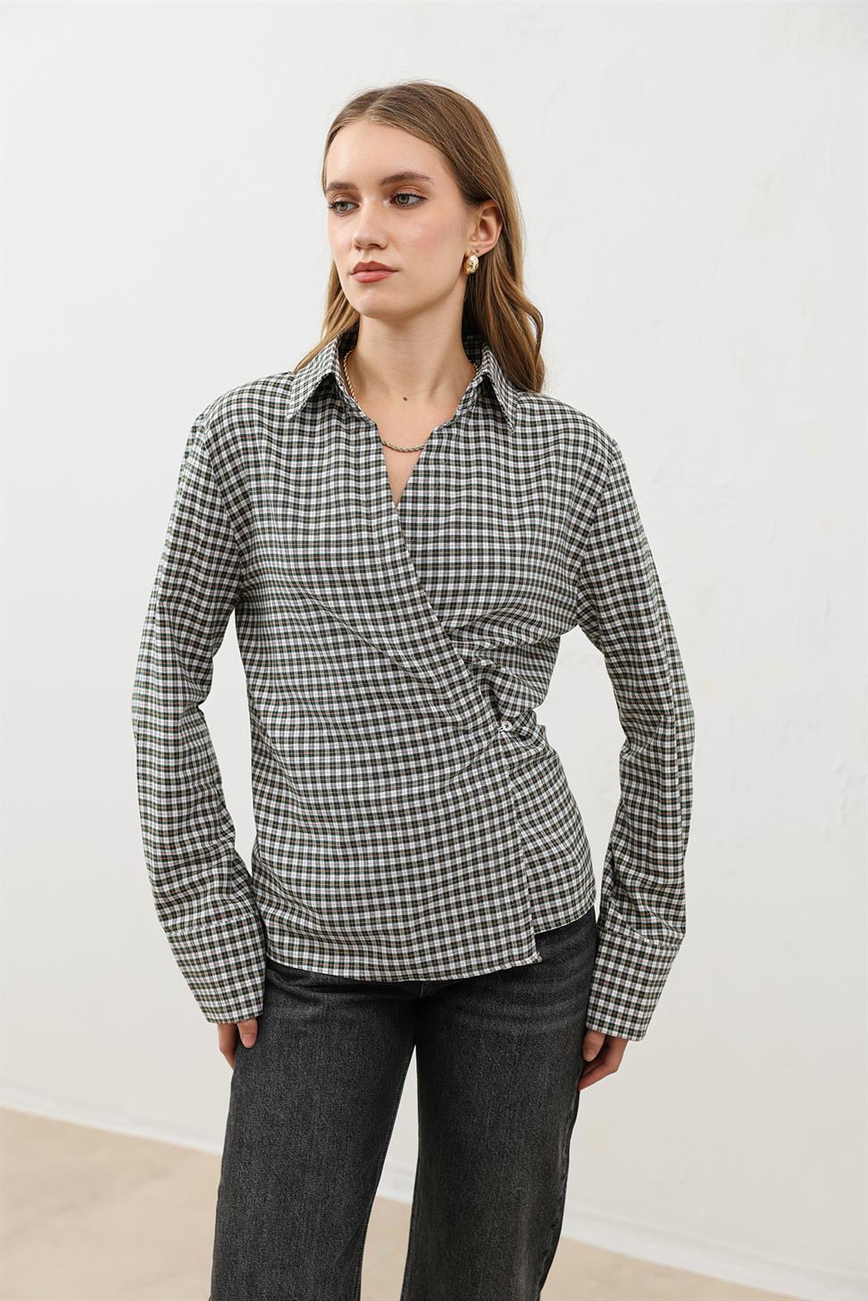 Womens Checkered Shirt with a Cross-Front Design