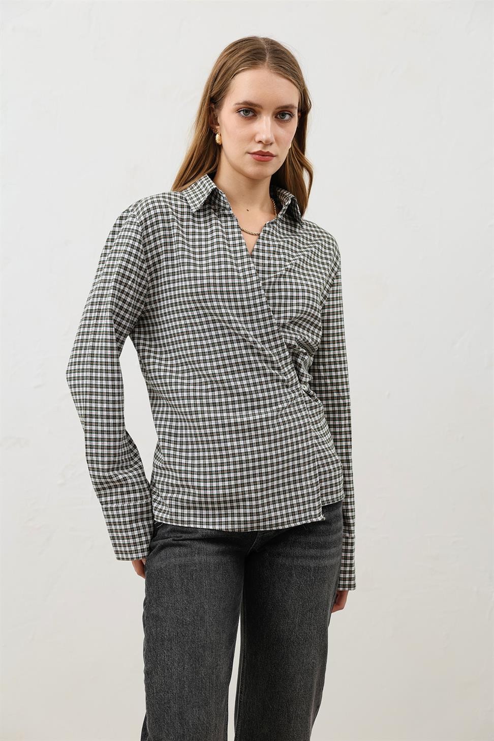 Womens Checkered Shirt with a Cross-Front Design