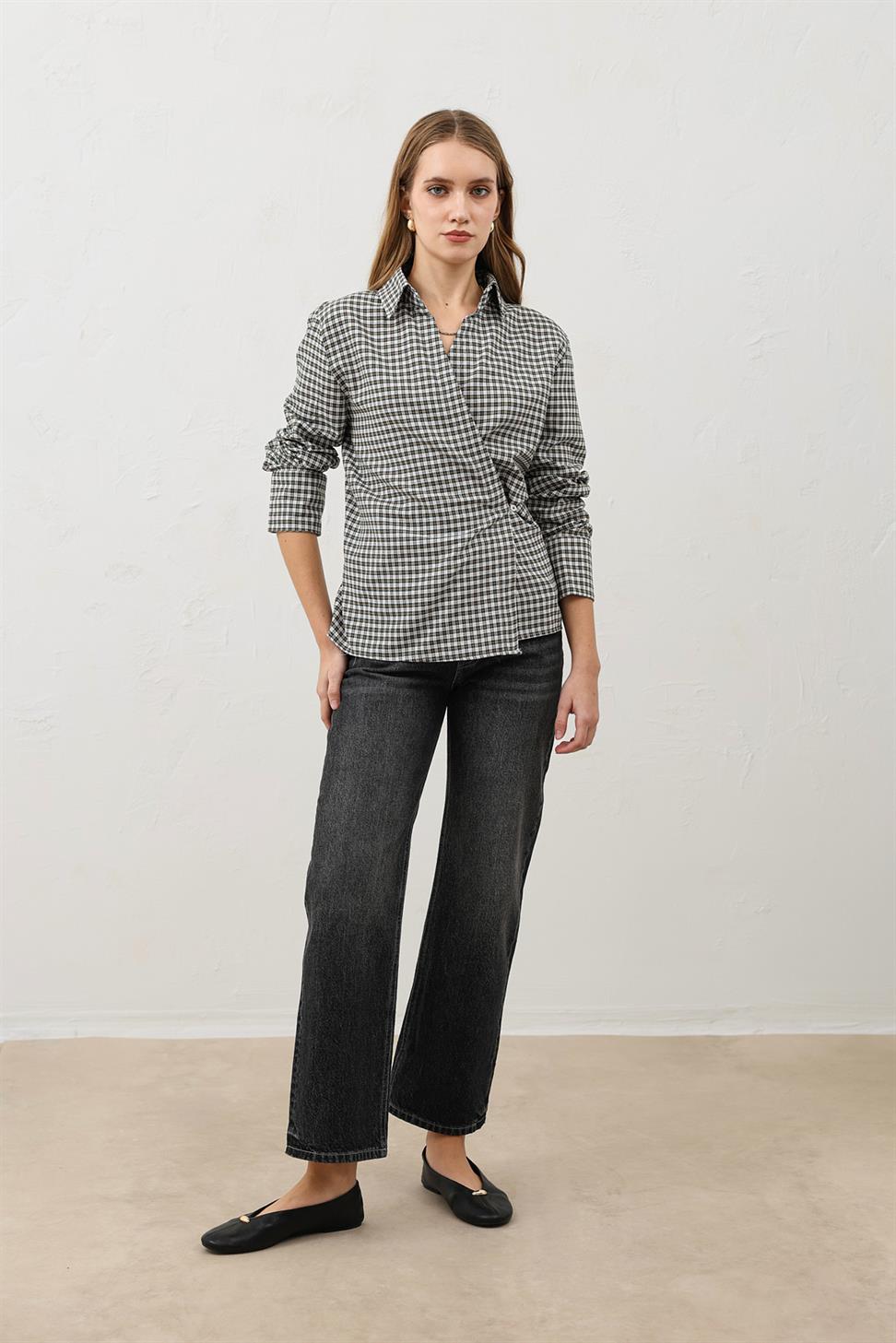Womens Checkered Shirt with a Cross-Front Design