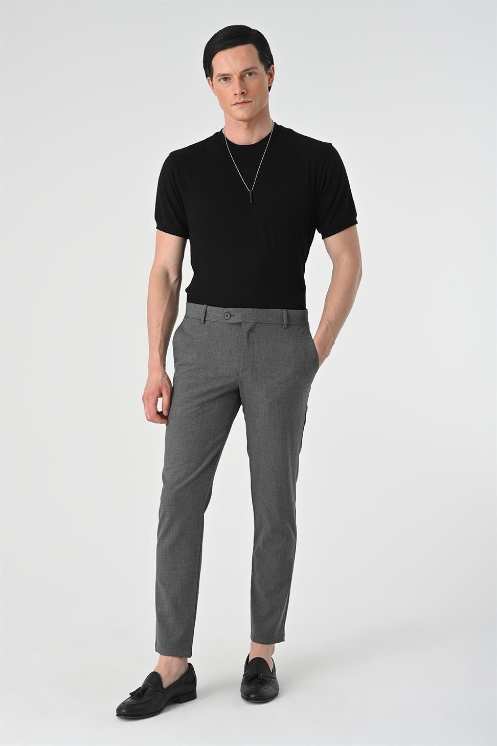 Antioch Orta Gri Erkek Aksesuar Detaylı Slim Fit Pantolon
