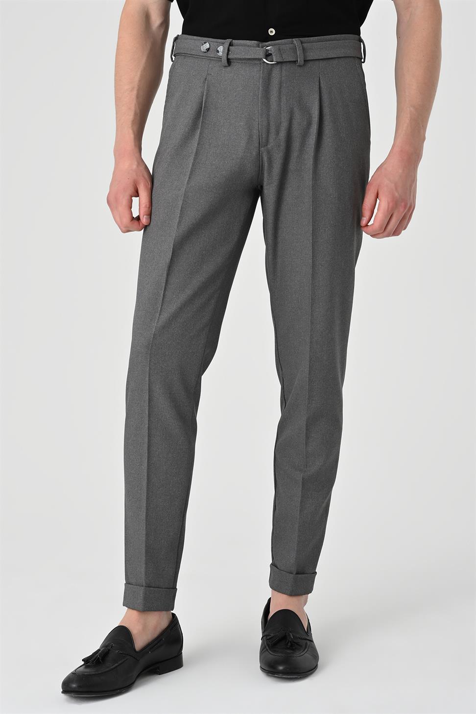 Antioch Orta Gri Yüksek Bel Kemerli Pileli Pantolon