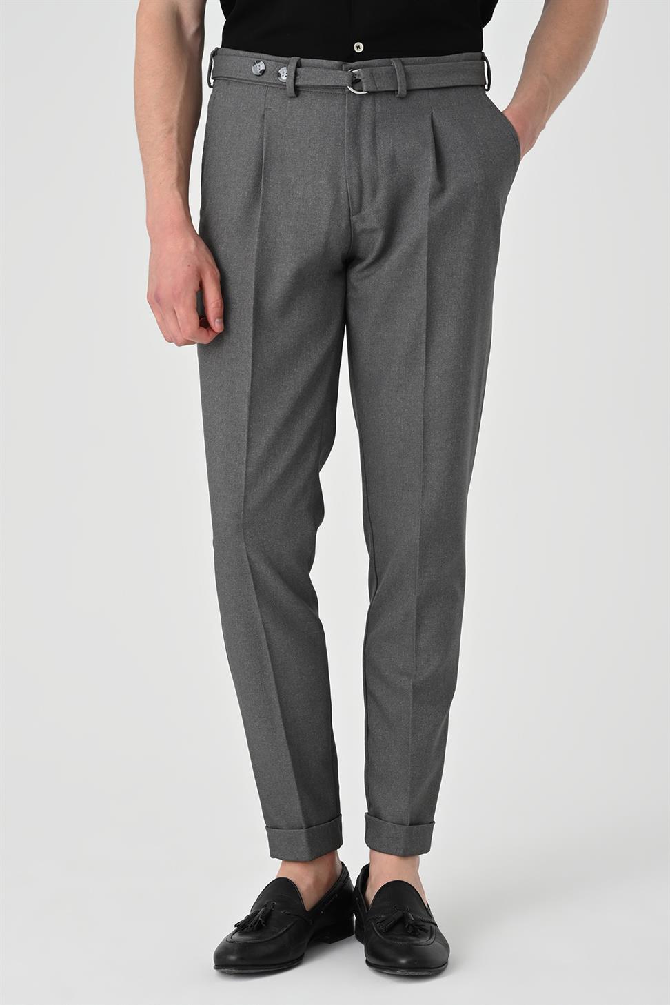 Antioch Orta Gri Yüksek Bel Kemerli Pileli Pantolon