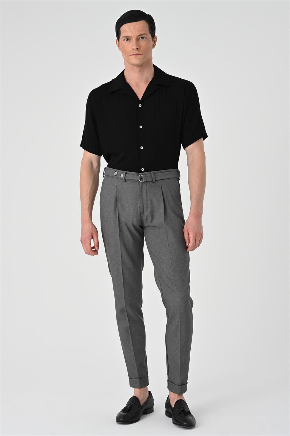 Antioch Orta Gri Yüksek Bel Kemerli Pileli Pantolon