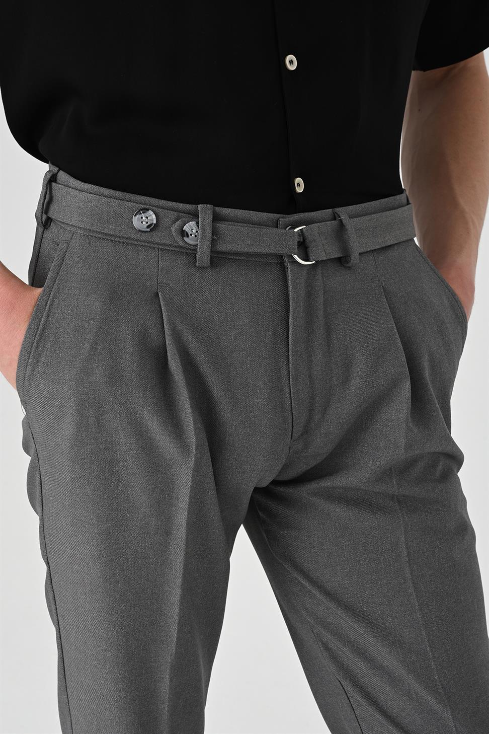 Antioch Orta Gri Yüksek Bel Kemerli Pileli Pantolon